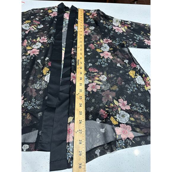 Mudd Kimono Black Floral Sheer Satin Trim One Size Dark Romantic Whimsygoth Boho - Picture 6 of 6
